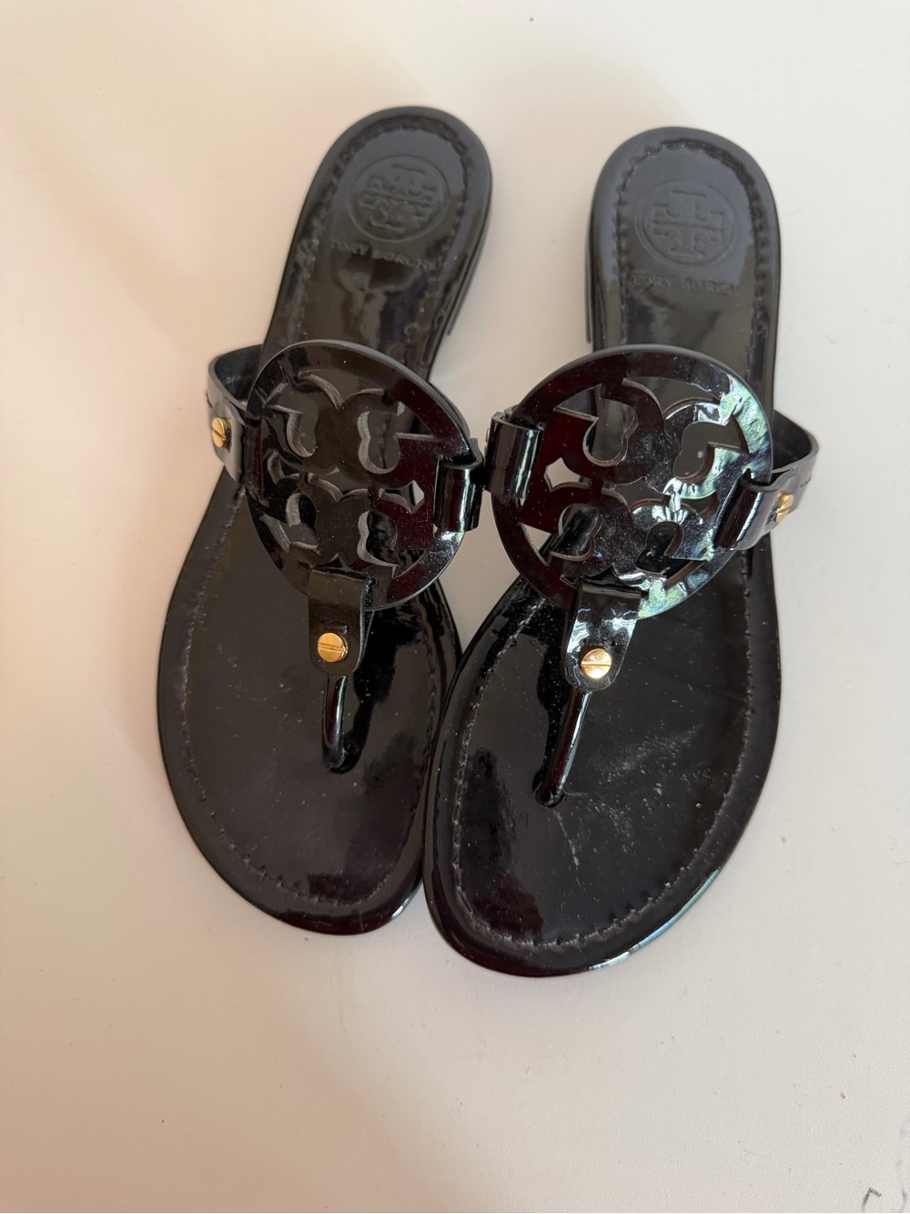 Tory Burch Black Patent Logo Thong Sandals